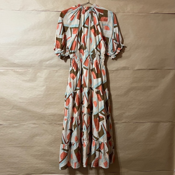 THML | NWT Mia Midi Dress Tie Neck Smocked Tiered Popover Geometric Print Size S - Picture 12 of 14